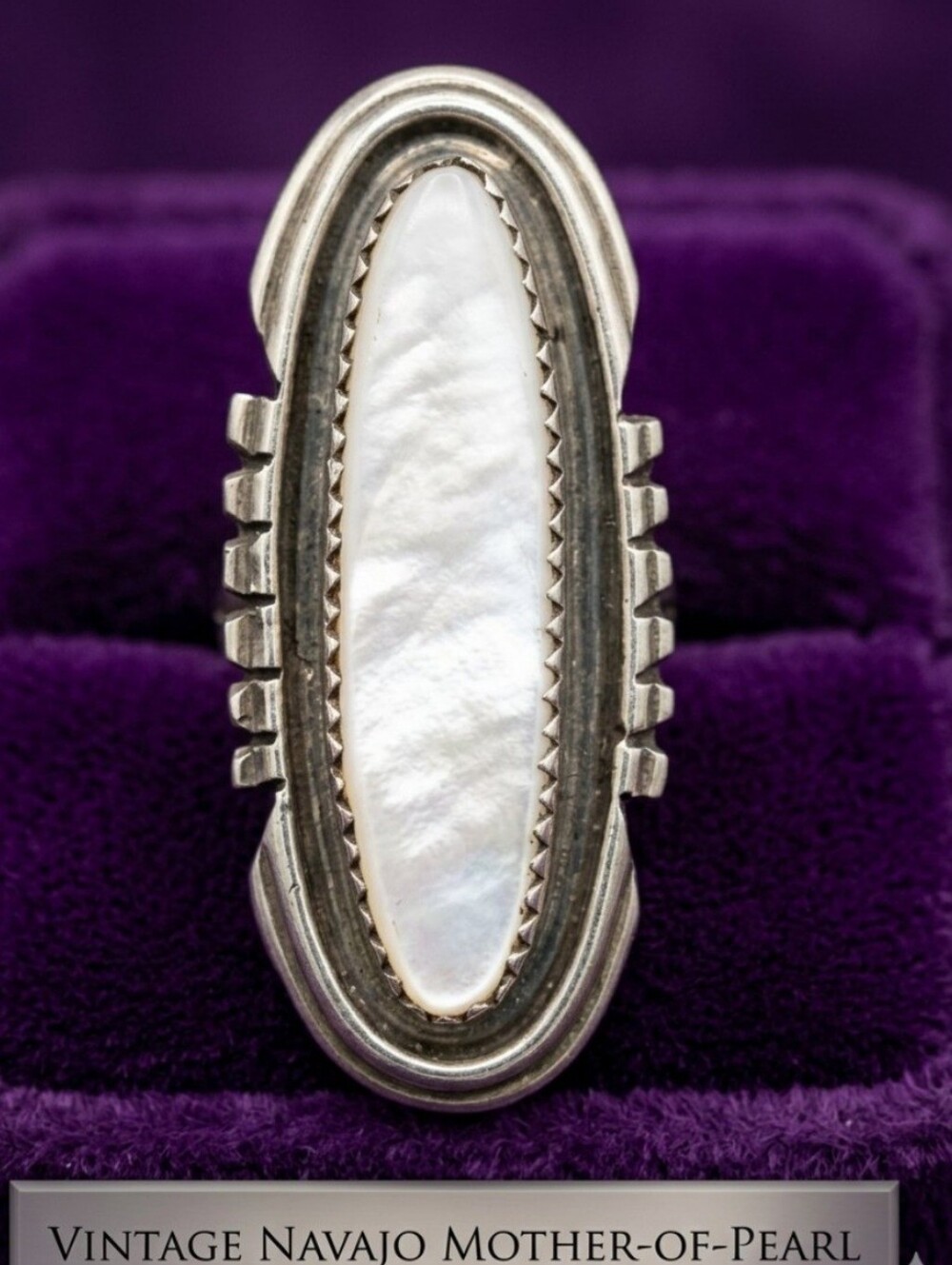 Navajo Sterling Silver Mother of Pearl Ring - Hand Stamped Artist Signed M DALE